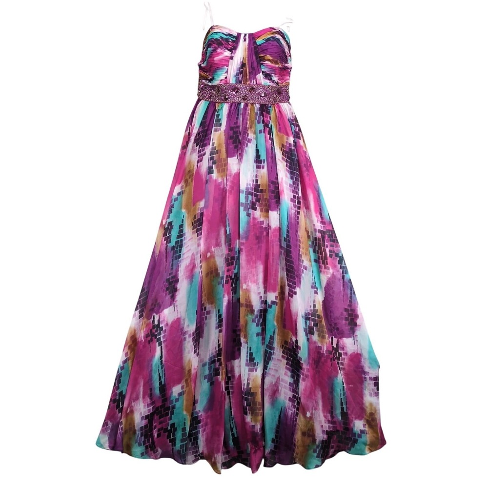 Camille La Vie Multicolor Rhinestone Stapless Maxi Dress Sz 10 Prom Y2K Princess